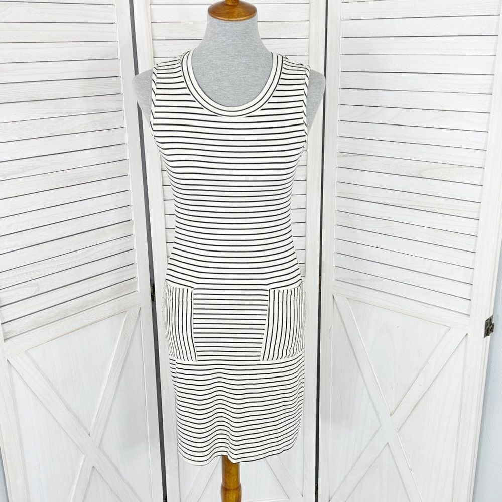 Monteau Striped Sleeveless Sheath‎ Pocket Tee Shirt Dress Cream Black Small